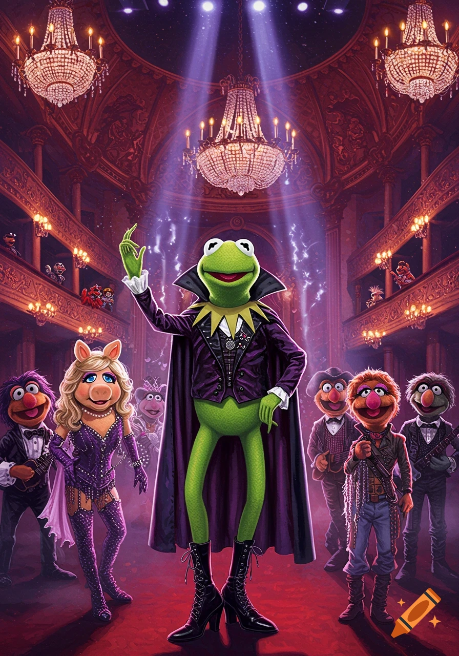 Kermit the Frog in a dramatic cape and other Muppets on a grand theater stage, illuminated by spotlights and chandeliers.