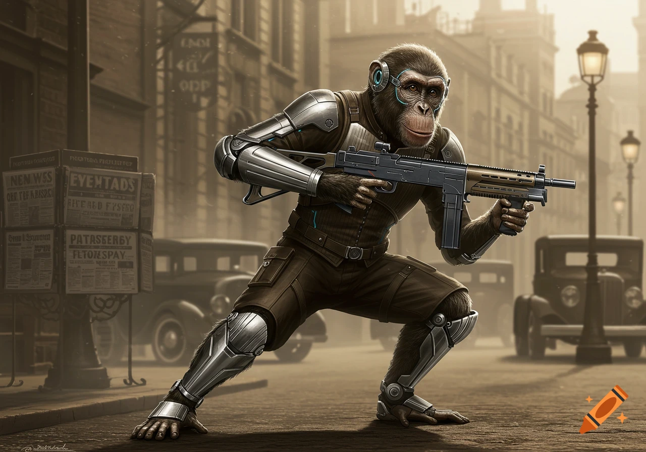 A chimpanzee in futuristic metal armor with a submachine gun crouches on a 1930s-style city street.