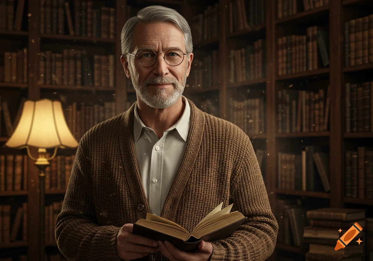 Photorealistic portrait of a smiling older man with gray hair and glasses, holding an open book in a dimly lit library.