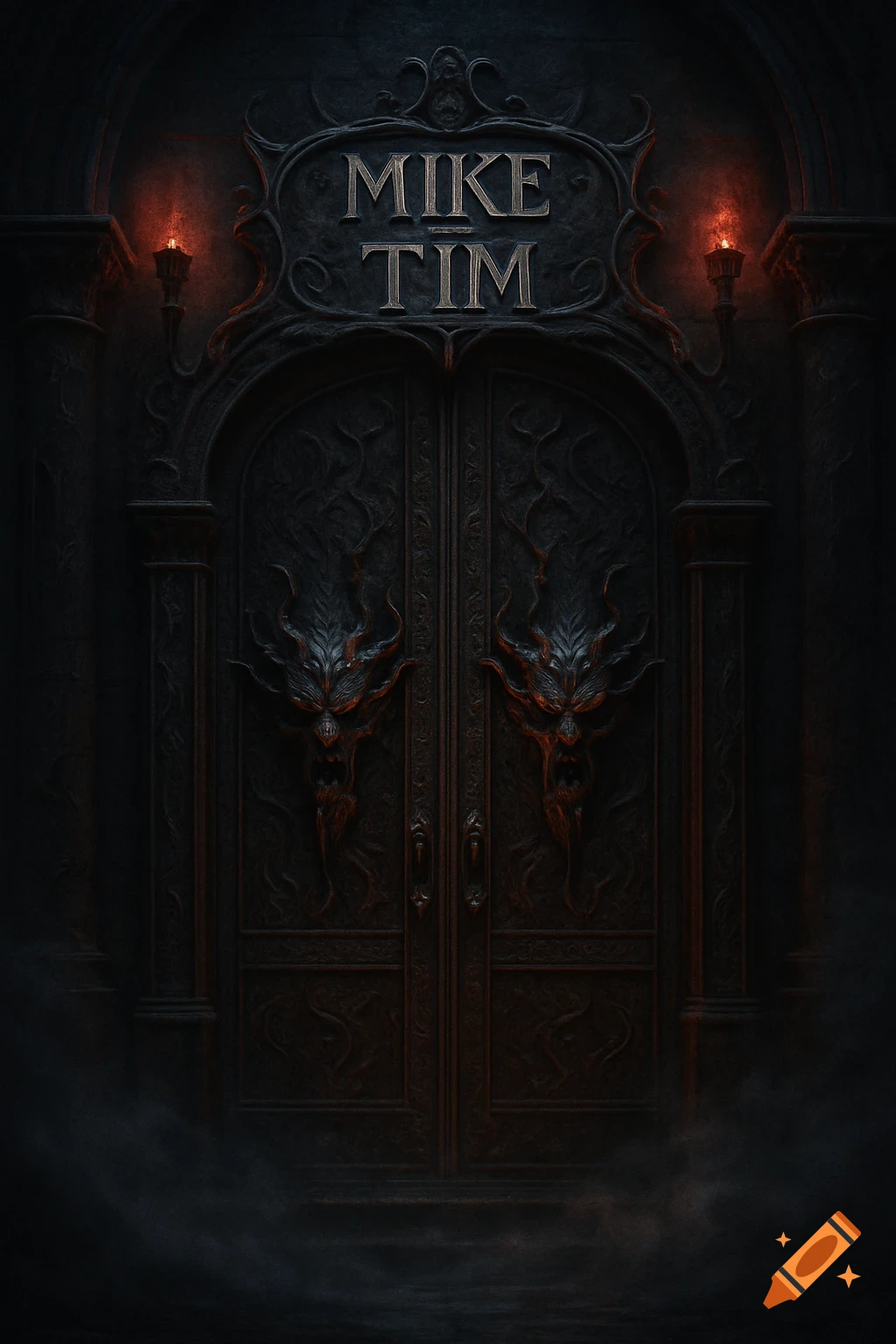 A dark, ornate gothic doorway with 'MIKE TIM' carved above, flanked by glowing torches, and atmospheric fog.