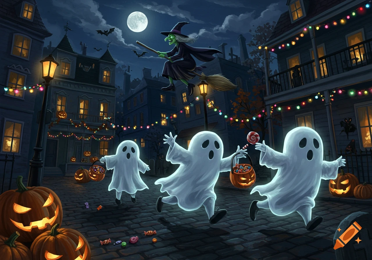 Cartoon ghosts trick-or-treating on a Halloween street at night, with a witch flying and glowing jack-o'-lanterns.
