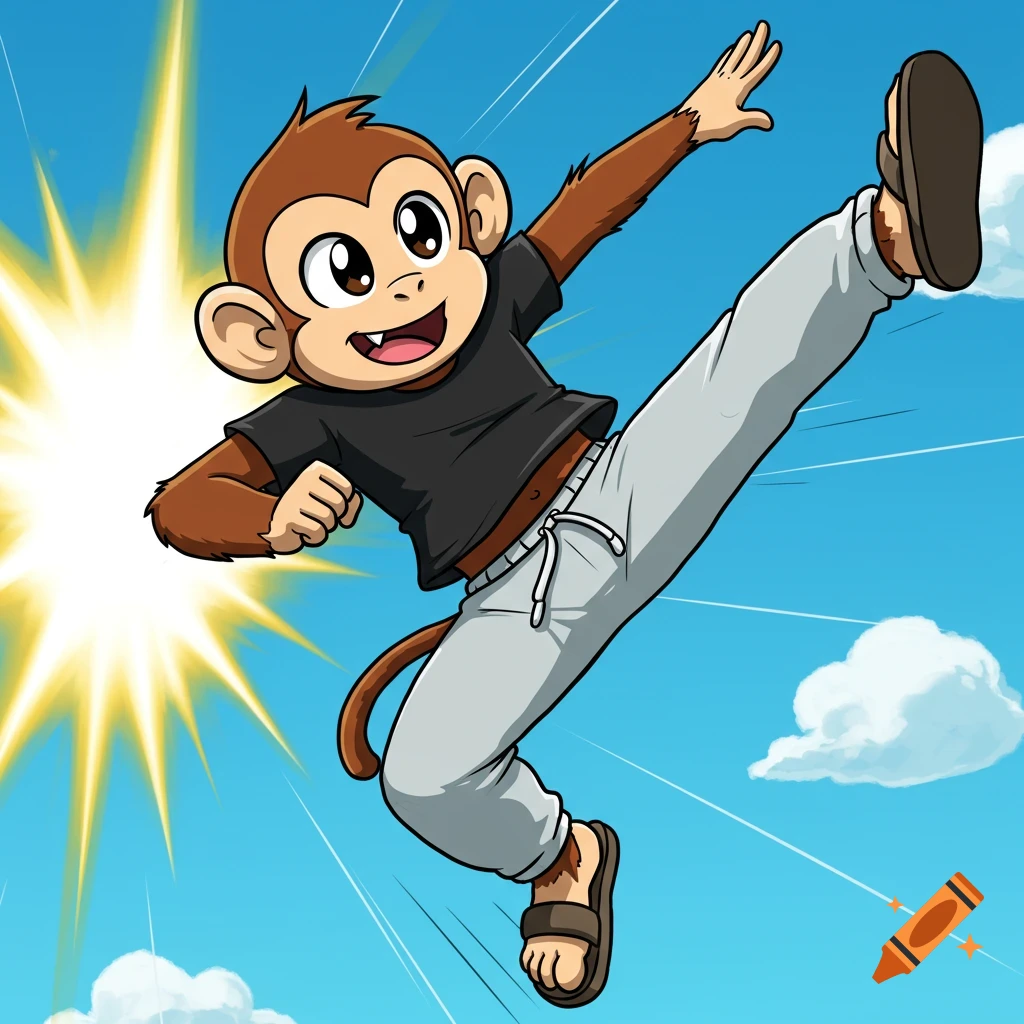 A cartoon monkey in a black t-shirt and grey sweatpants performs a flying martial arts kick against a blue sky.