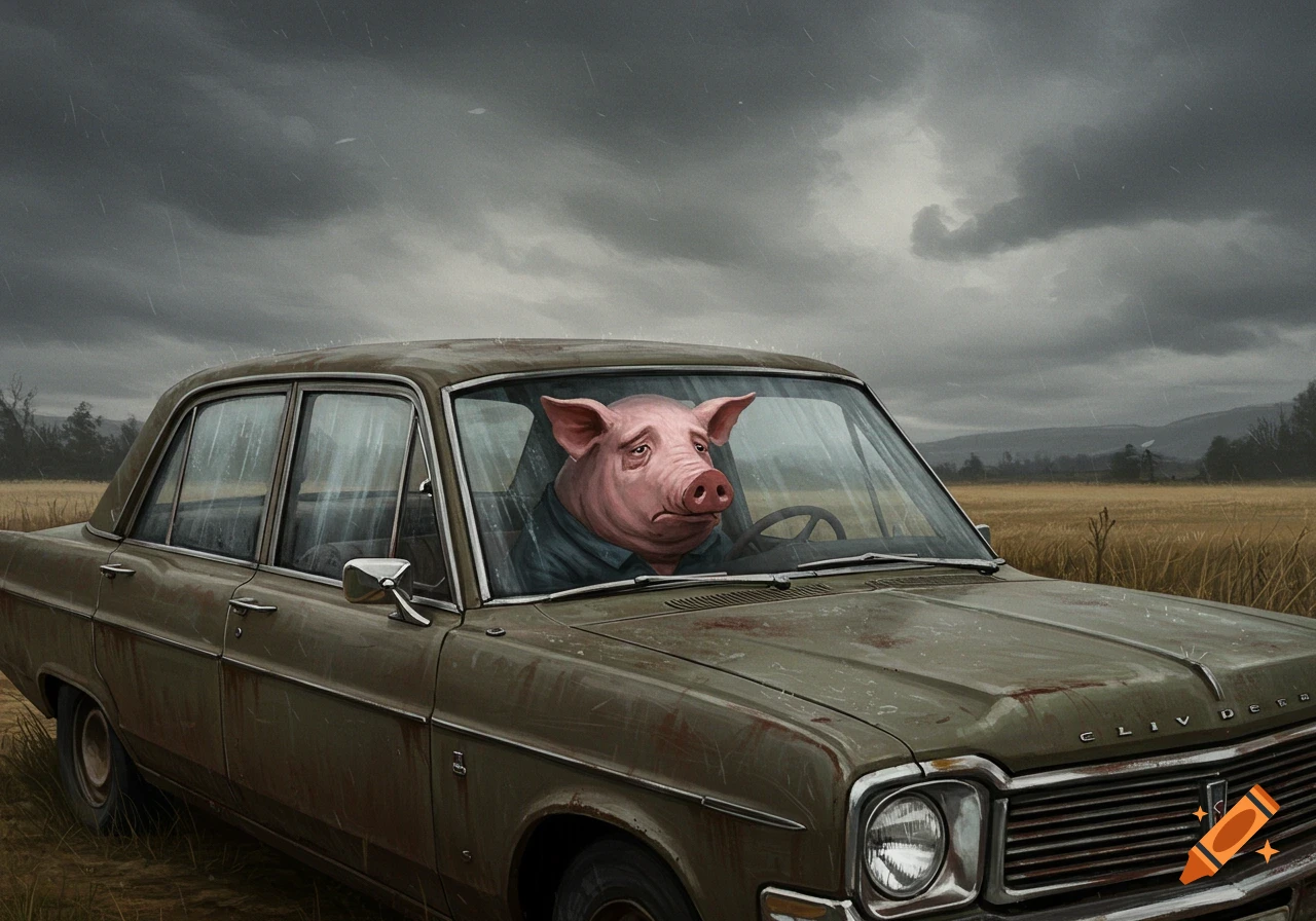 A forlorn pig's head behind the wheel of a rusty old car, parked in a rural field under a dark, rainy sky.