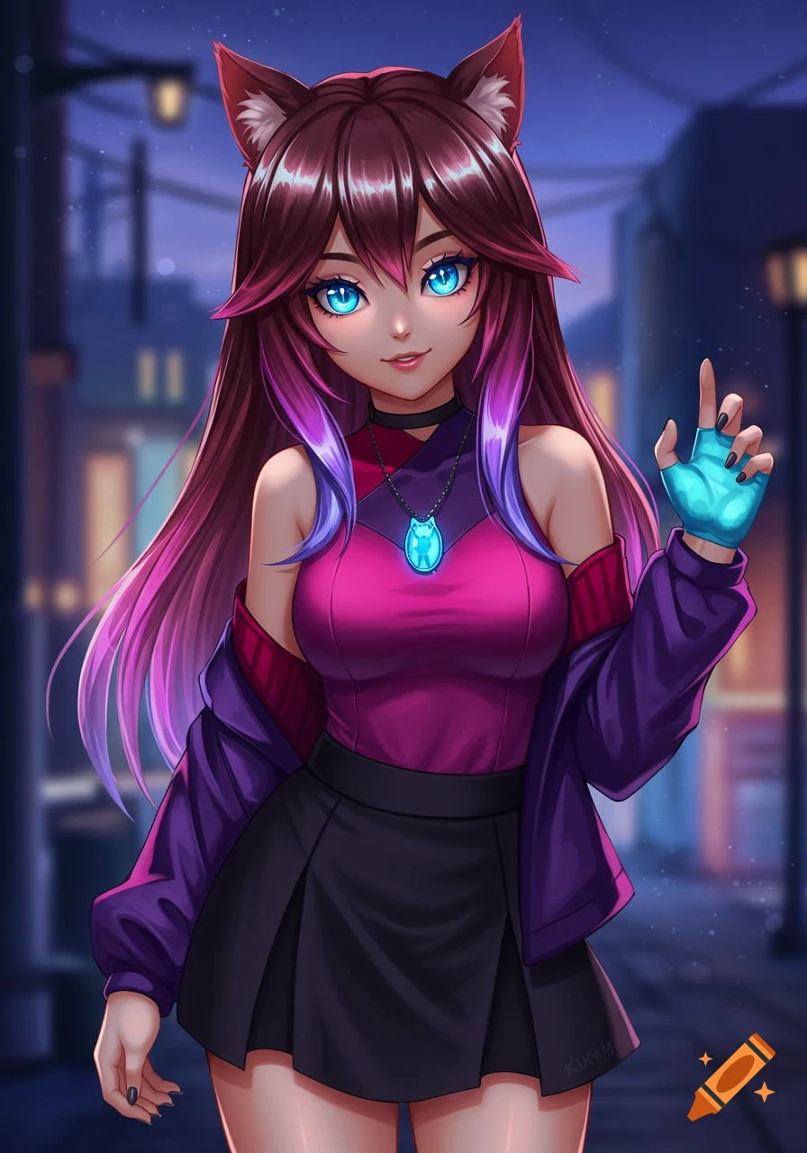 An anime girl with brown-to-purple hair, cat ears, glowing blue eyes, and a glowing blue glove, on a city street at night.