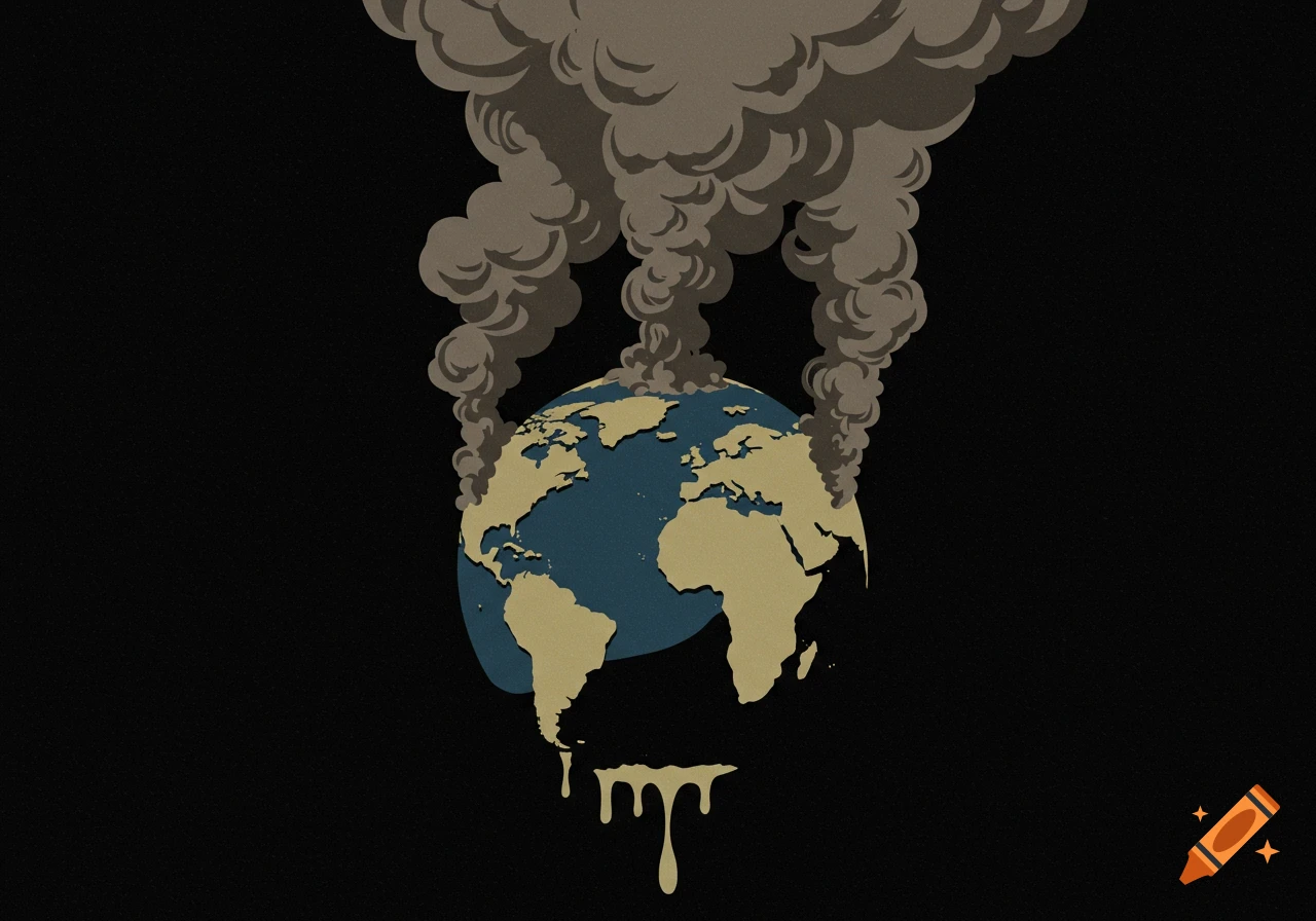 Abstract illustration of a melting Earth with smoke plumes in a retro propaganda art style.