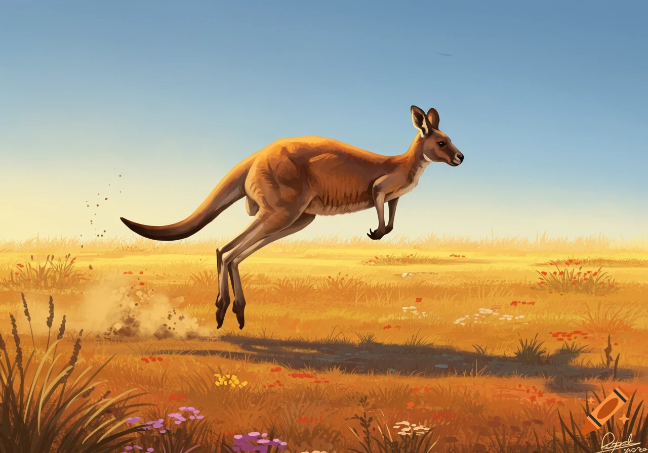 An illustration of a kangaroo leaping through a golden grassy field under a clear blue sky.