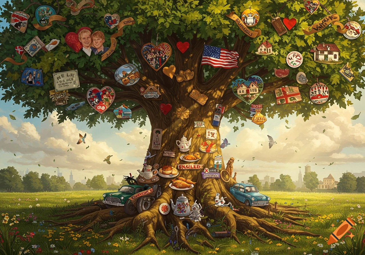 A large, leafy tree stands in a green field under a blue sky, decorated with numerous ornaments representing Hungarian folklore, English cars and cooking, and American love, marriage, and home.