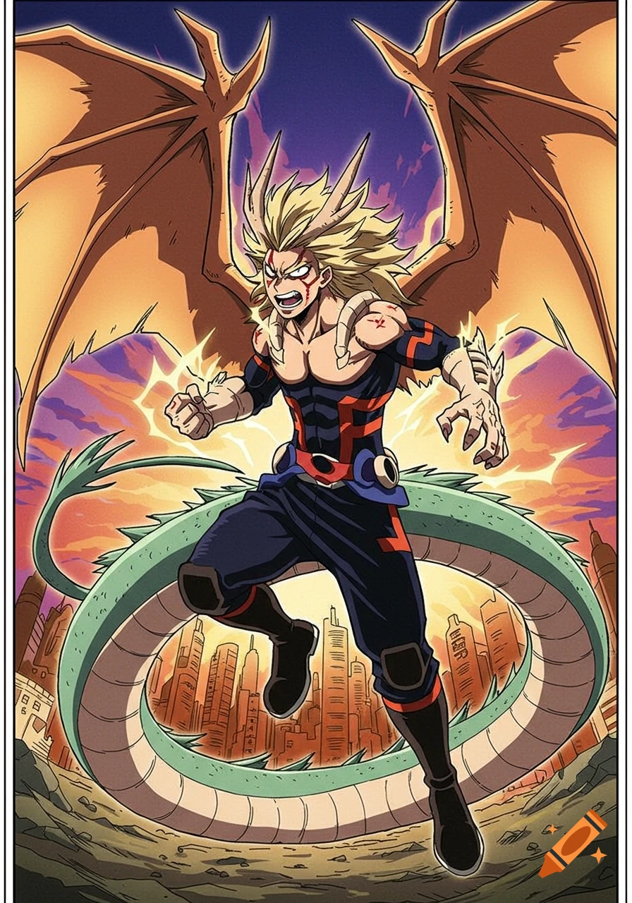 Anime illustration of a blonde-haired male character with dragon wings and tail, in a dynamic action pose against a cityscape.