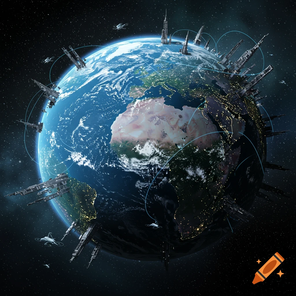 Futuristic digital art shows Earth covered in towering structures, orbiting ships, and glowing blue lines in space.