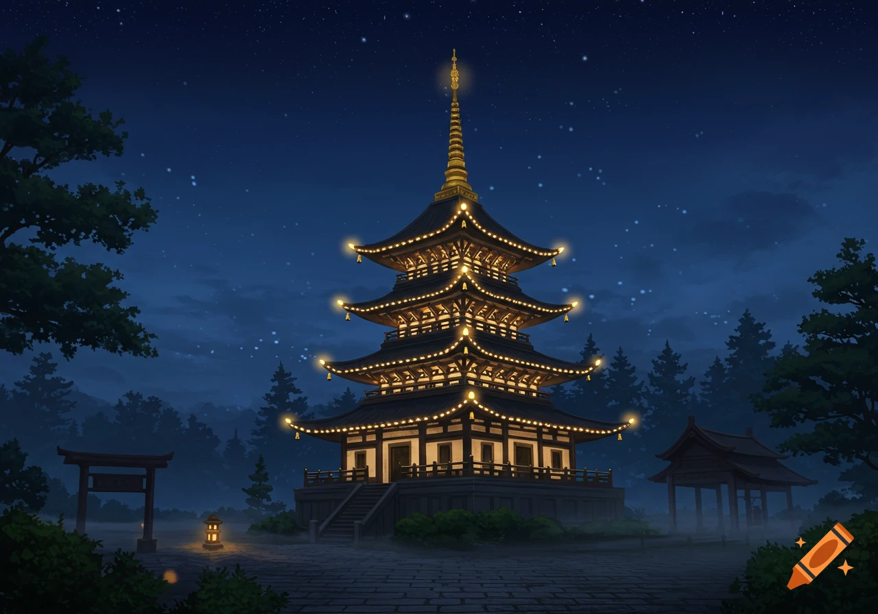 An illuminated Japanese pagoda at night, surrounded by trees, with a torii gate and lantern in the foreground. The sky is dark blue with stars.