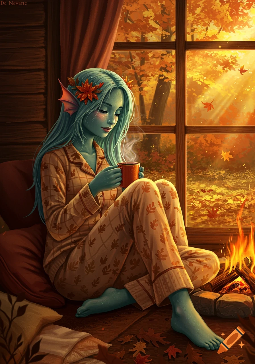 Green-skinned water nymph in pajamas sips coffee by a window, admiring autumn trees and a cozy fireplace. Digital art.