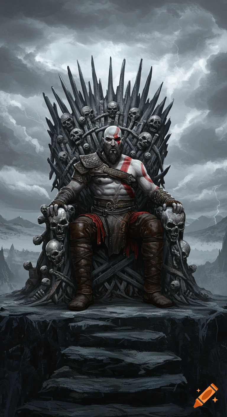 Kratos, a muscular, bald man with a red tattoo, sits on a throne of skulls and blades under a stormy sky. Stylized digital art.