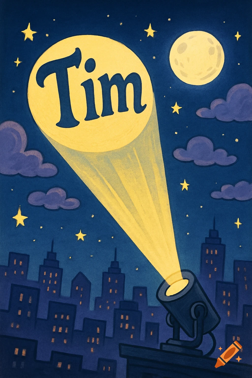Cartoon night scene with a spotlight projecting the name 'Tim' into the sky above a cityscape, resembling a bat signal.