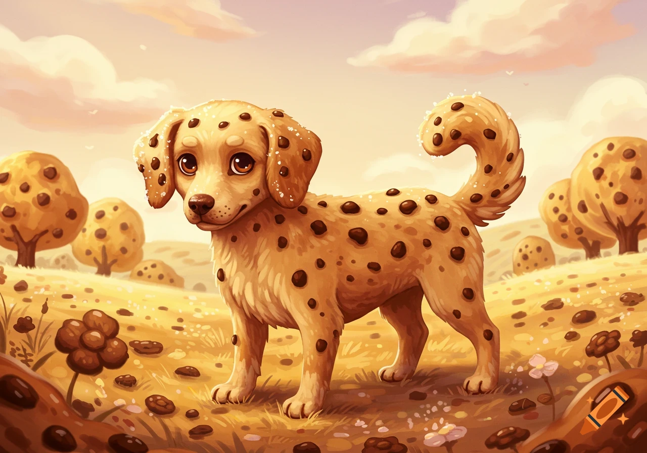 A cute cartoon cookie dog with chocolate chip spots stands in a whimsical field with cookie trees under a warm sky.