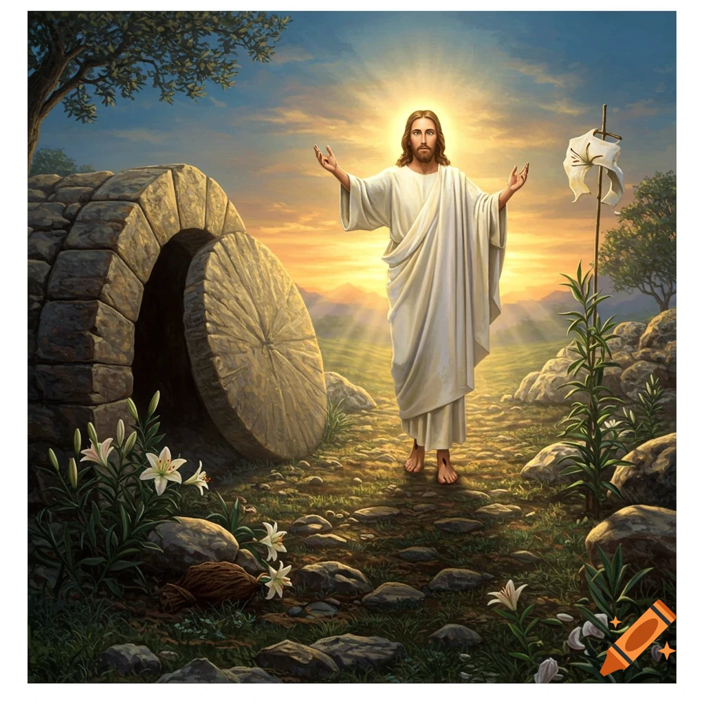 Jesus stands glowing outside an open tomb at sunrise, arms outstretched, in a painterly style.