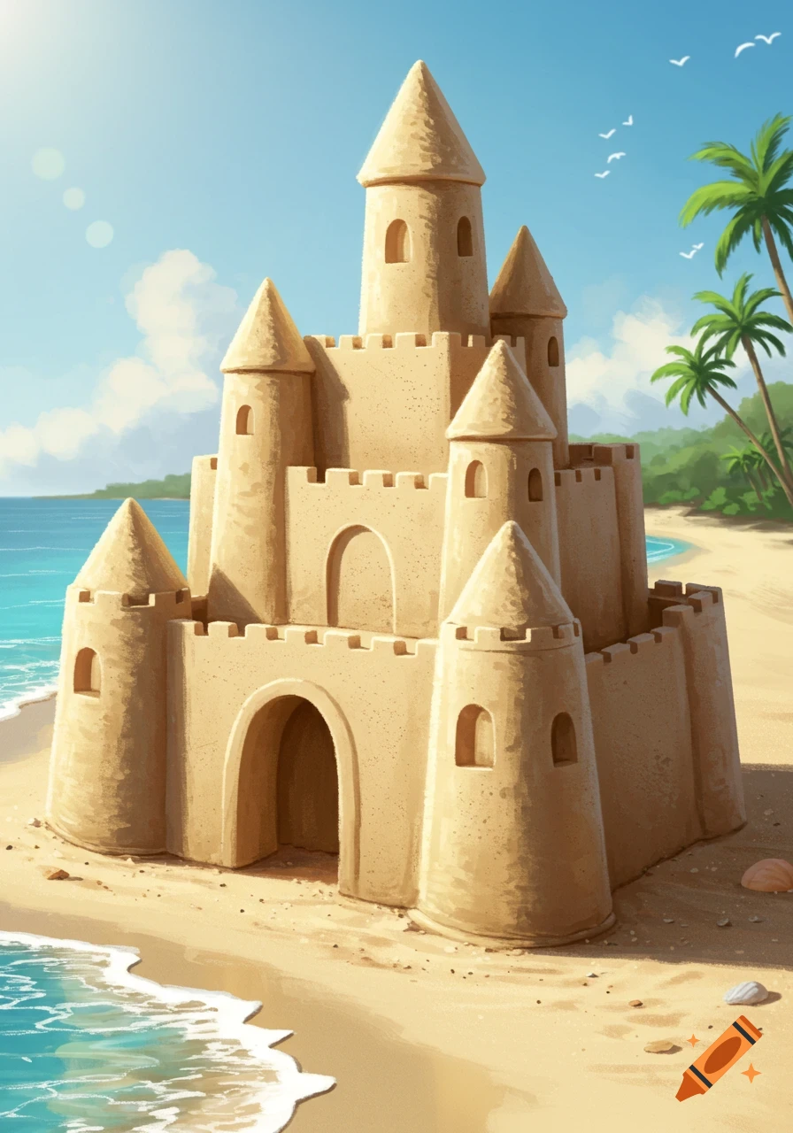 A large, detailed sandcastle on a sandy beach with blue ocean waves and palm trees under a sunny sky, in an illustrative style.