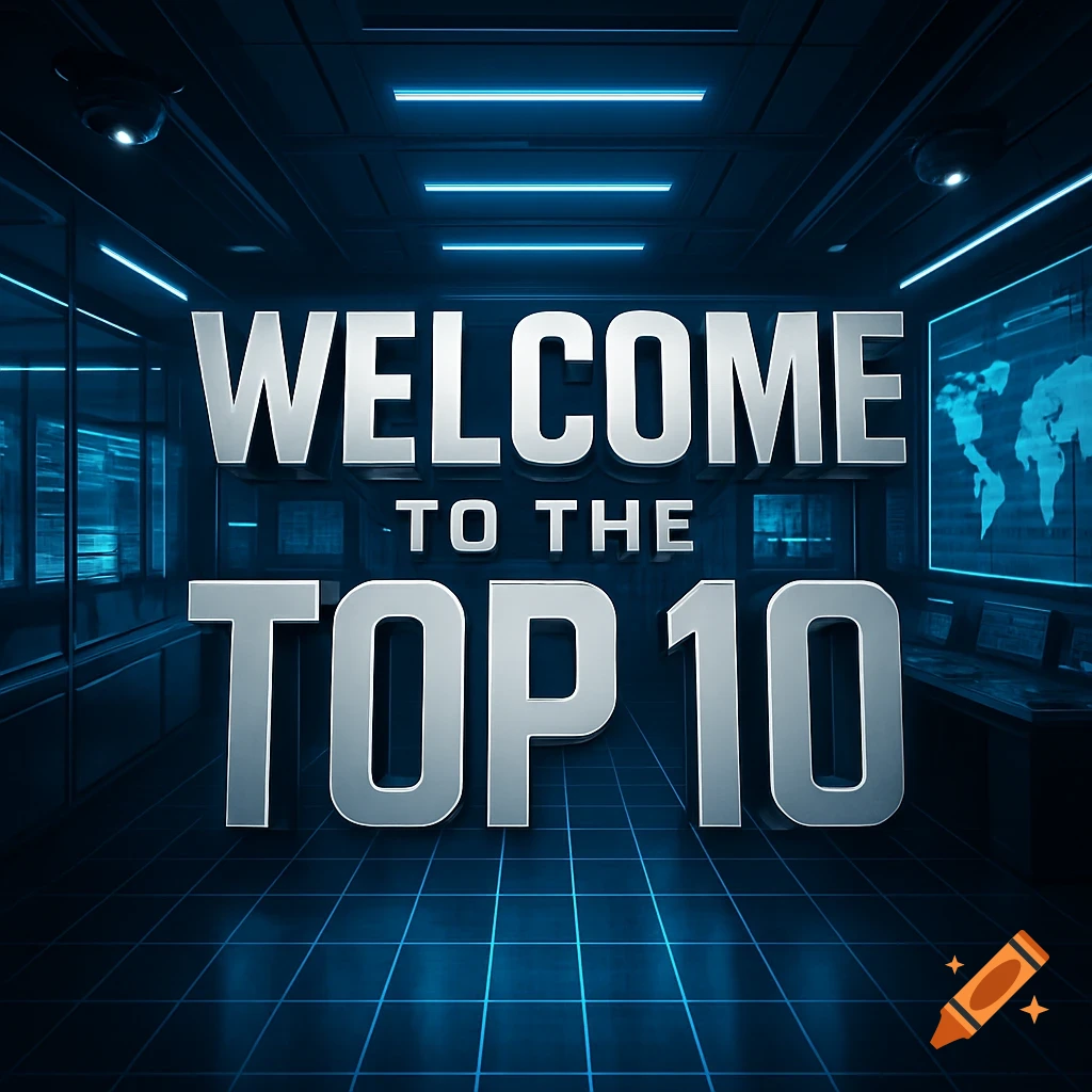 3D text 'Welcome to the Top 10' in a dark, neon blue lit spy control room with screens and a grid floor.