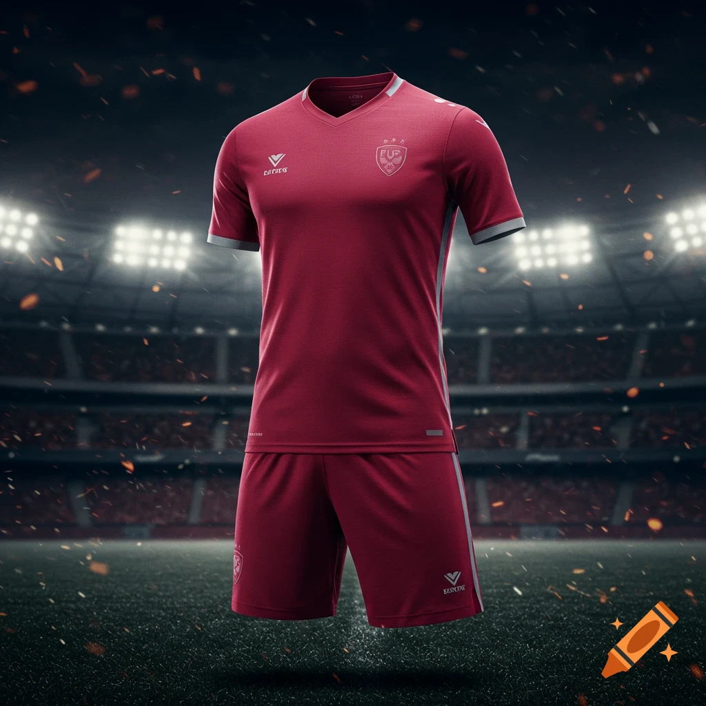A maroon soccer uniform, including a jersey and shorts, floating in a stadium with bright lights and falling embers.