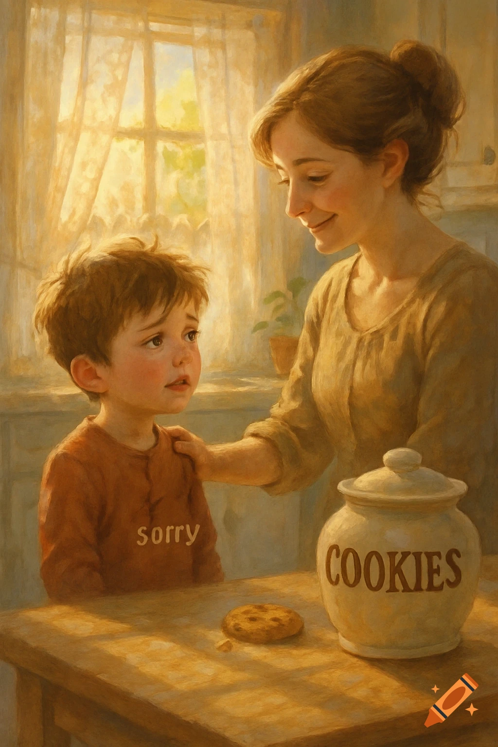 A painterly scene of a mother comforting her young son, who looks sad, next to a cookie jar and a single cookie on a table.