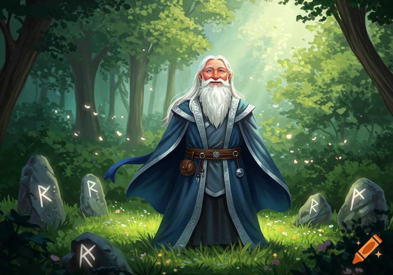 A benevolent old wizard with a long white beard and blue robe stands in a sunlit forest surrounded by runic stones.