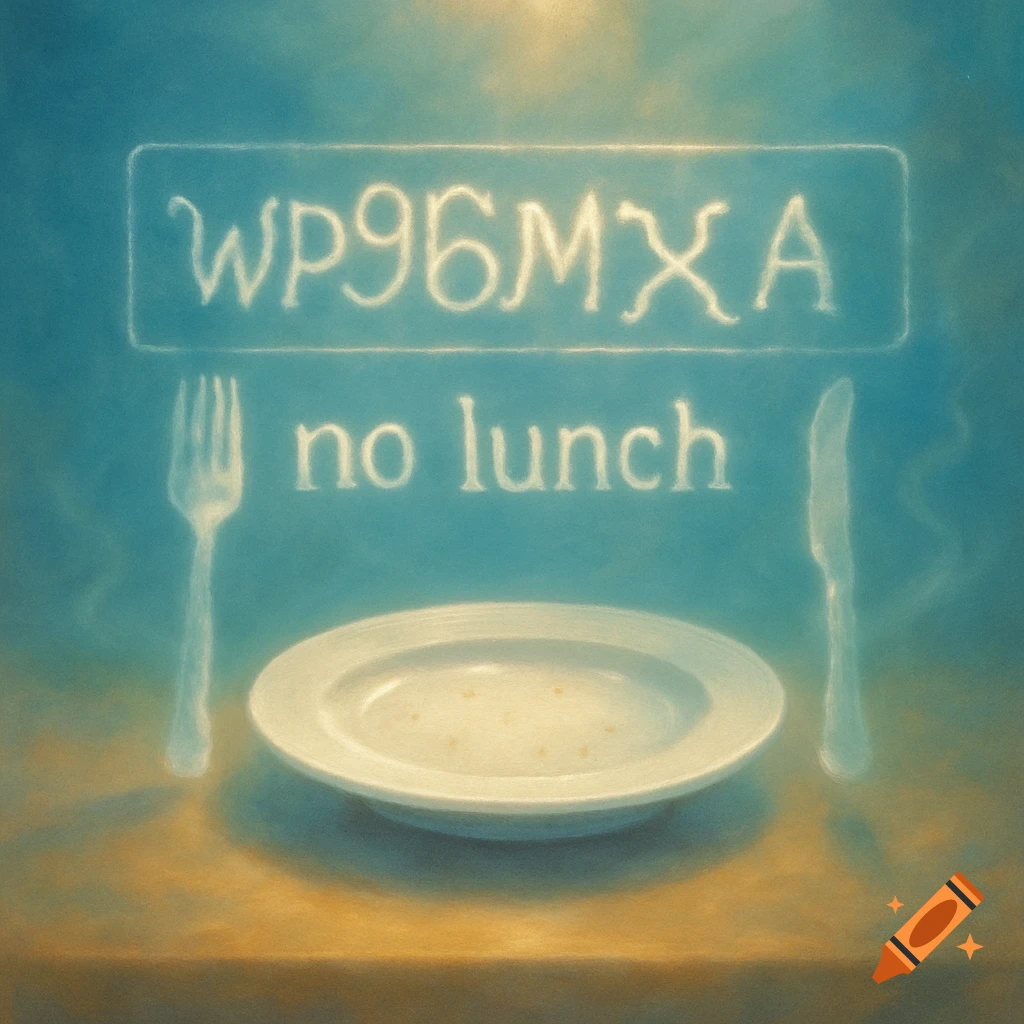 A soft, ethereal painting of an empty plate, fork, and knife on a table, with glowing text 'WP96MXA' and 'no lunch' above.
