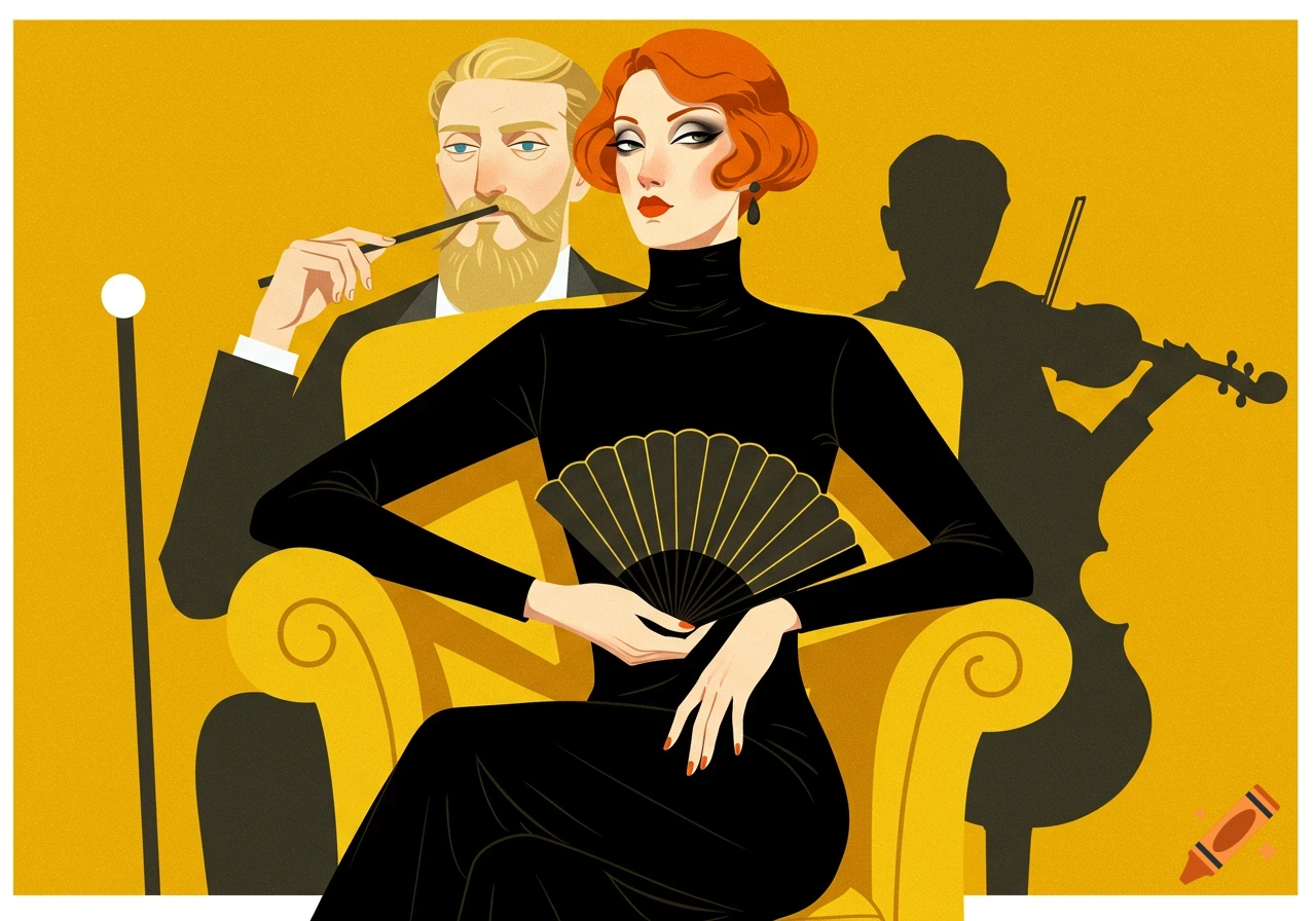 Art Nouveau illustration of a woman in a black dress with an orange updo, holding a fan, with a man and violinist silhouette behind her.
