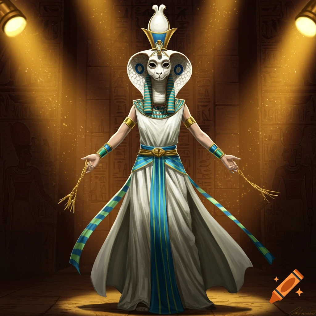 A masked figure in a white Egyptian-style dress with blue and green stripes, wearing a cobra mask and an Egyptian headdress, under spotlights.