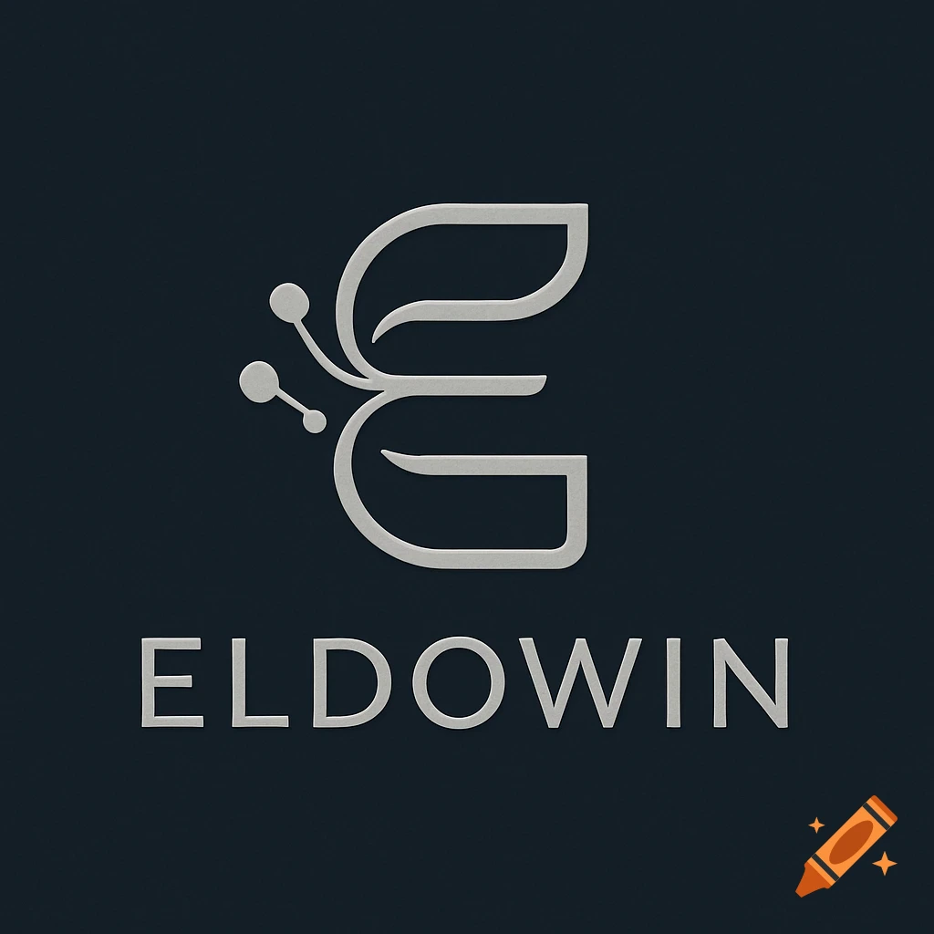 Silver stylized letter E logo resembling a leaf or butterfly, with the word ELDOWIN below it, on a dark blue background.