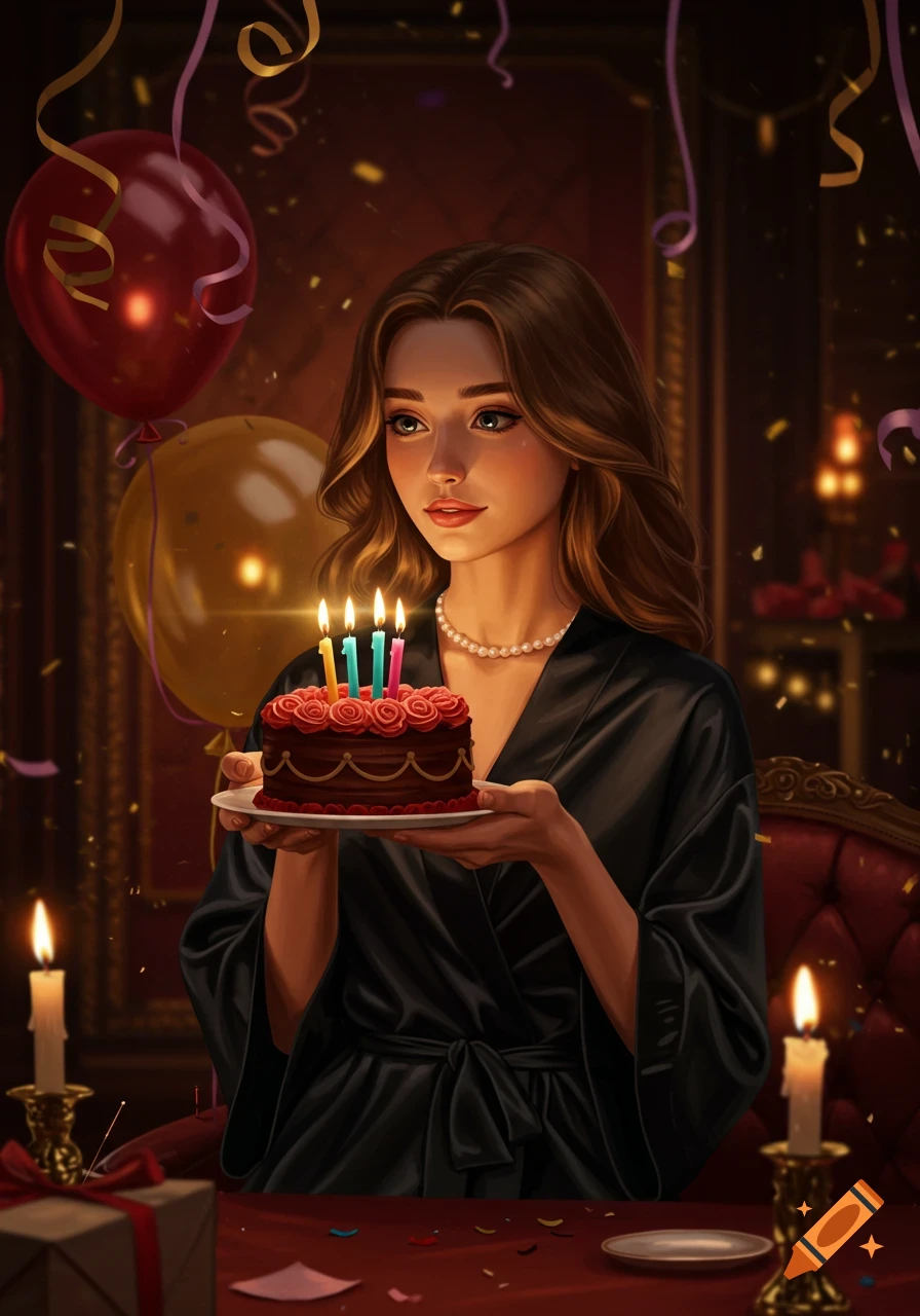 Digital art of a young woman in a black robe holding a birthday cake with lit candles, in an elegant room with balloons.