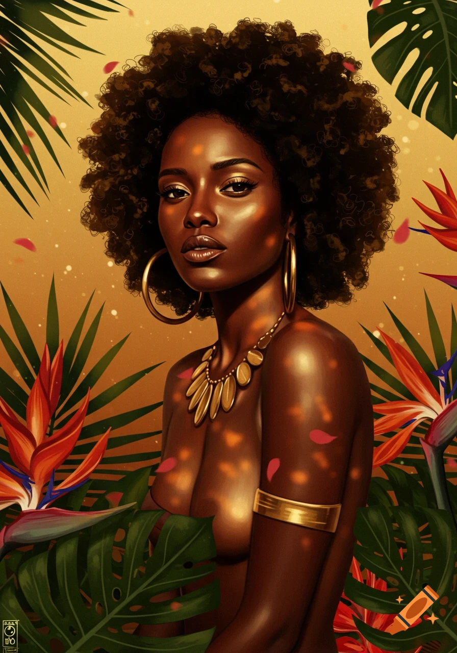 Vibrant illustration of a Black woman with curly hair and gold jewelry amidst tropical leaves and bird of paradise flowers.