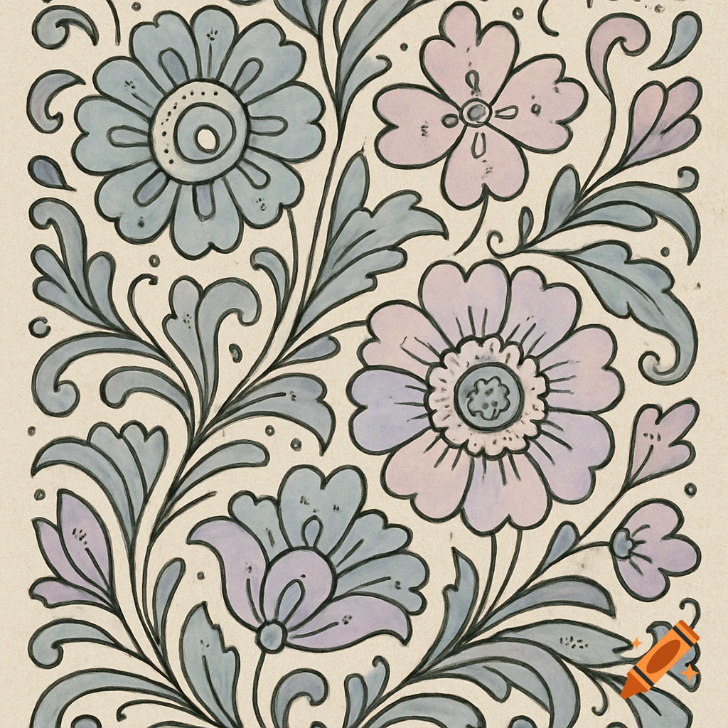 A detailed Russian folk art floral pattern with blue-gray, pale pink, and pale purple flowers and leaves on a light background.