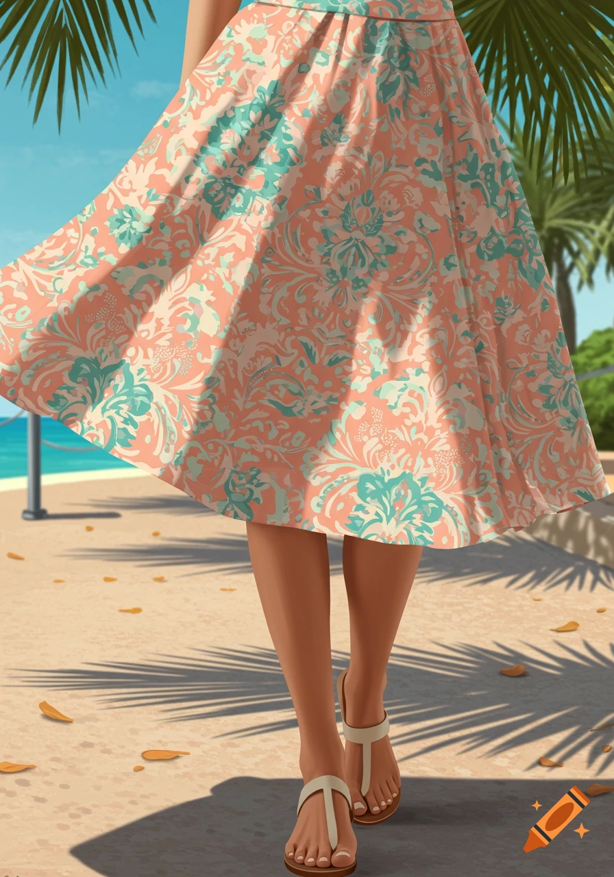 Lower body of a person in a peach and teal patterned skirt and sandals, walking on a sunny beach path.