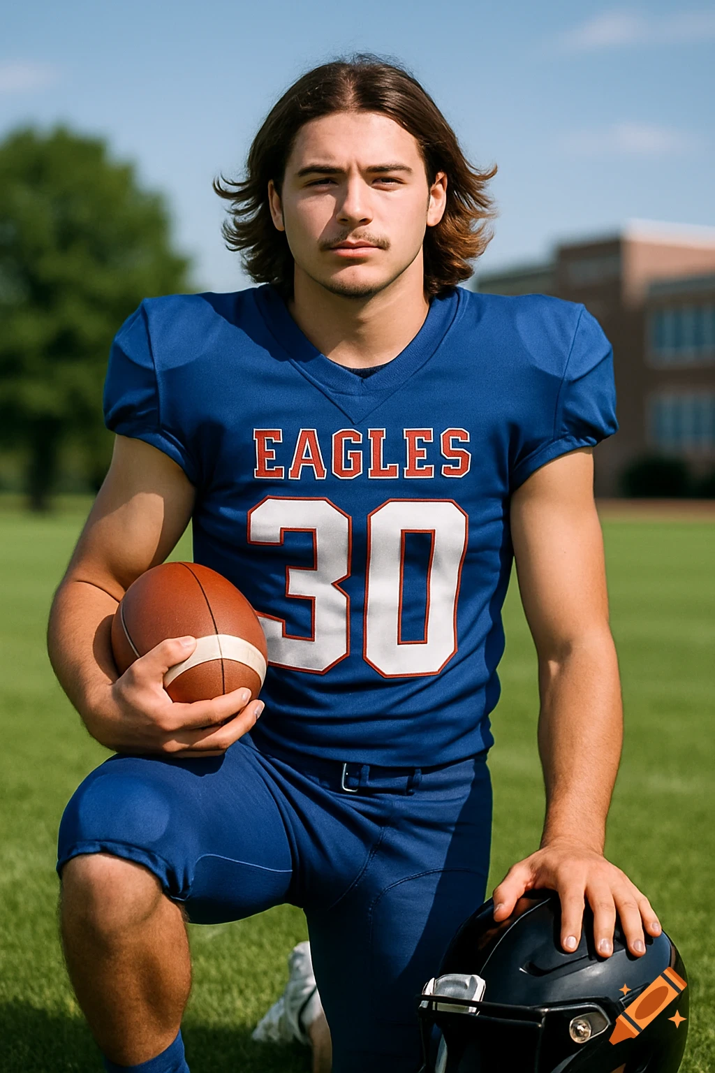 A young male football player in a blue jersey with 'EAGLES 30' kneels on a grassy field, holding a football and helmet. Photorealistic.