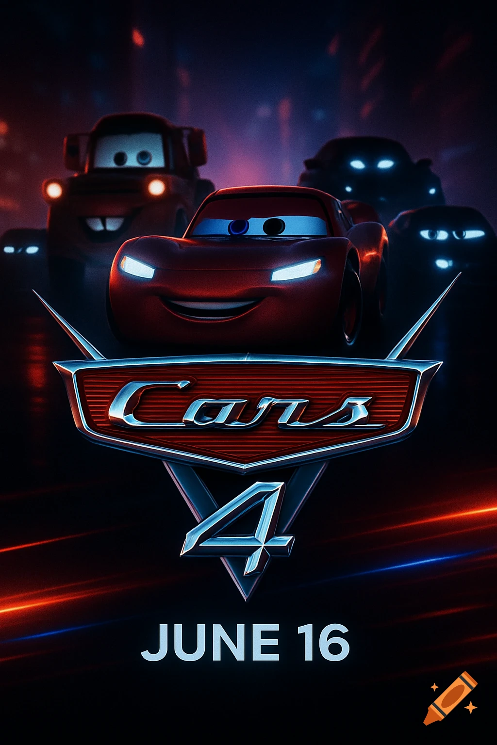 Movie poster for Cars 4 featuring Lightning McQueen and Mater on a dark road with glowing headlights, text says 'Cars 4' and 'JUNE 16'.