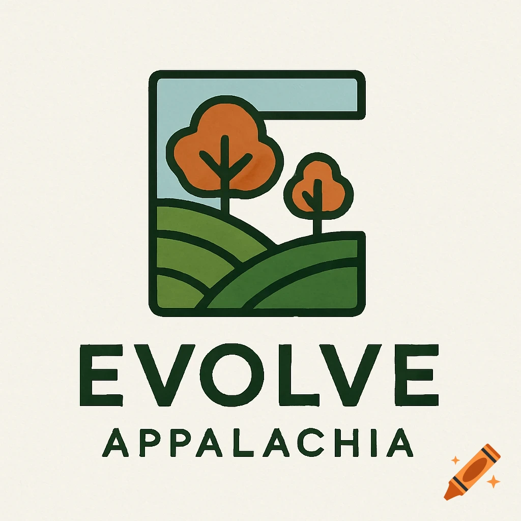 A stylized logo featuring green hills and orange trees inside a dark green letter E, with the text 'EVOLVE APPALACHIA' below on a cream background.