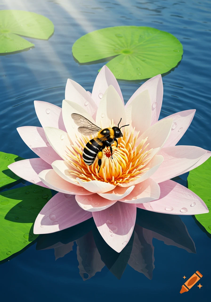 A bumblebee rests on a pink lotus flower floating in blue water with green lily pads in a photorealistic style.