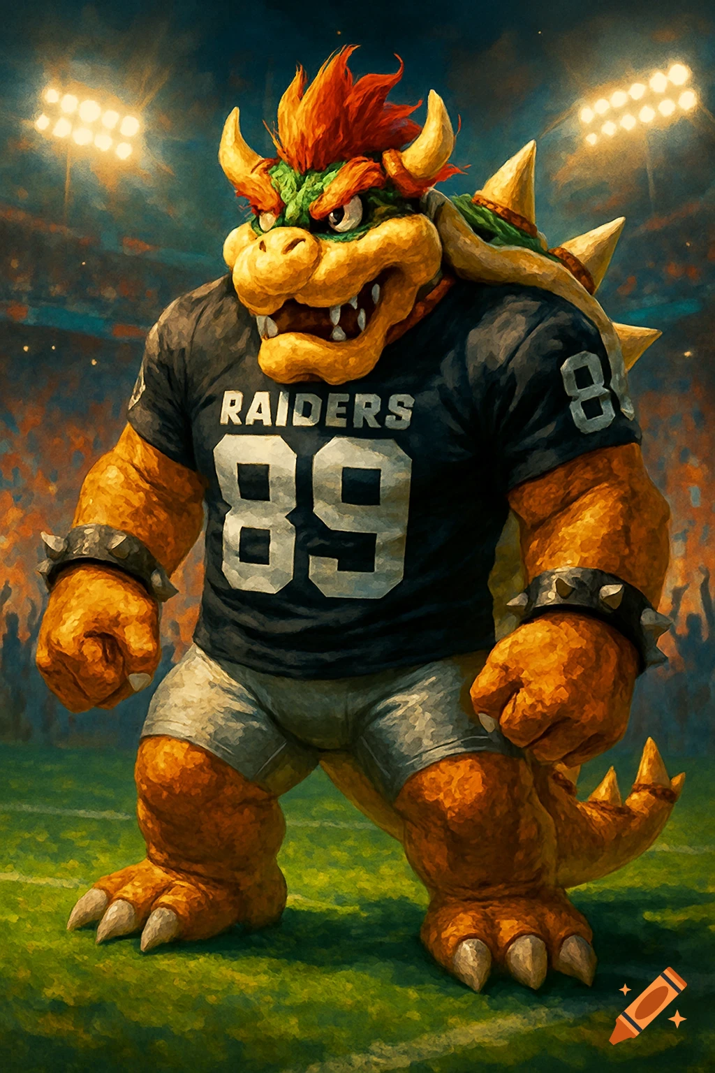 Bowser in a black Raiders football jersey with number 89, standing on a football field under stadium lights in a painterly style.