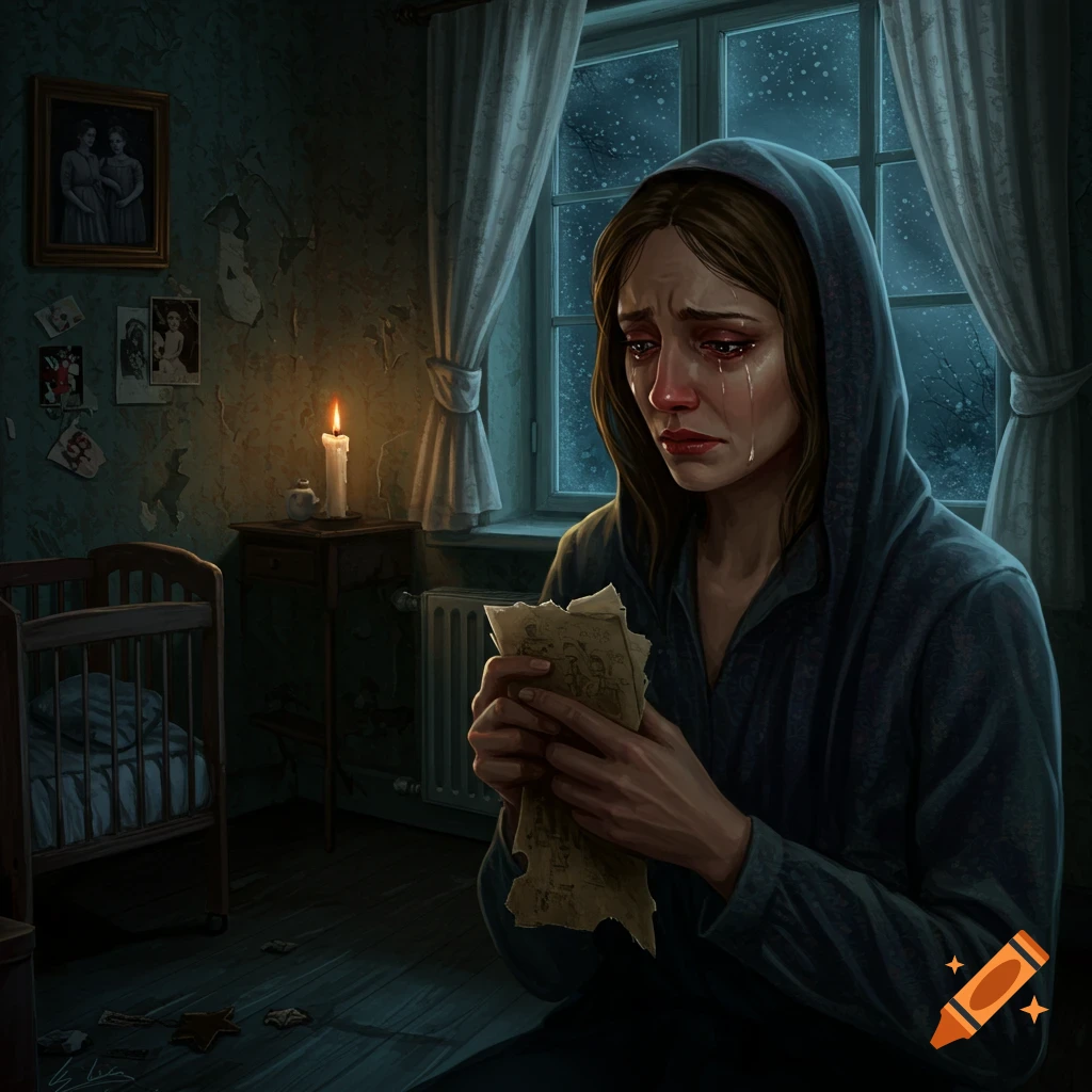 Digital painting of a grieving woman in a dark room with a crib, crying and holding torn paper.