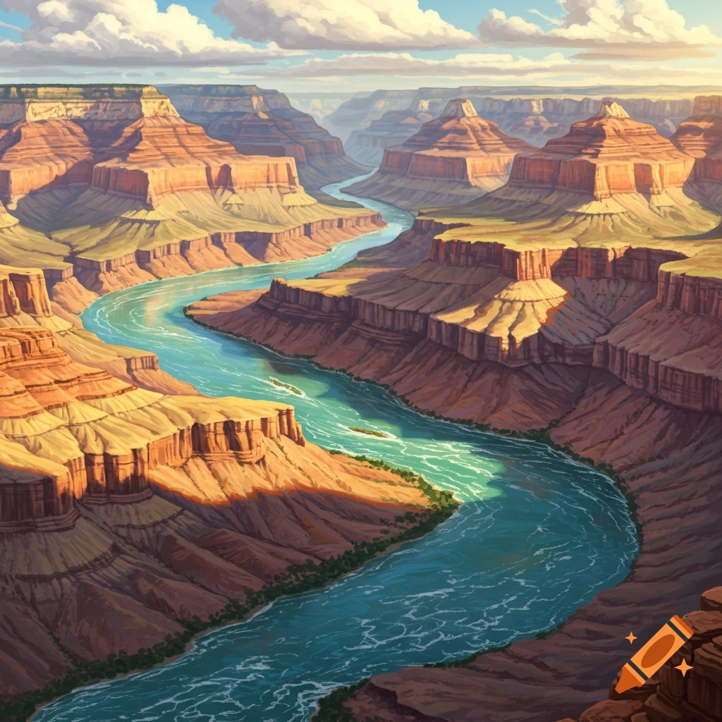 An illustrative, vibrant aerial view of a wide river winding through the Grand Canyon under a partly cloudy sky.