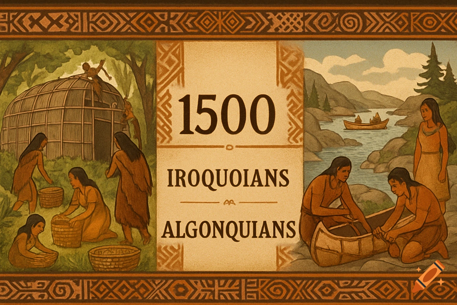 Illustration of Indigenous Iroquoians and Algonquians around 1500, showing daily life, longhouses, crafts, and canoes by a river.