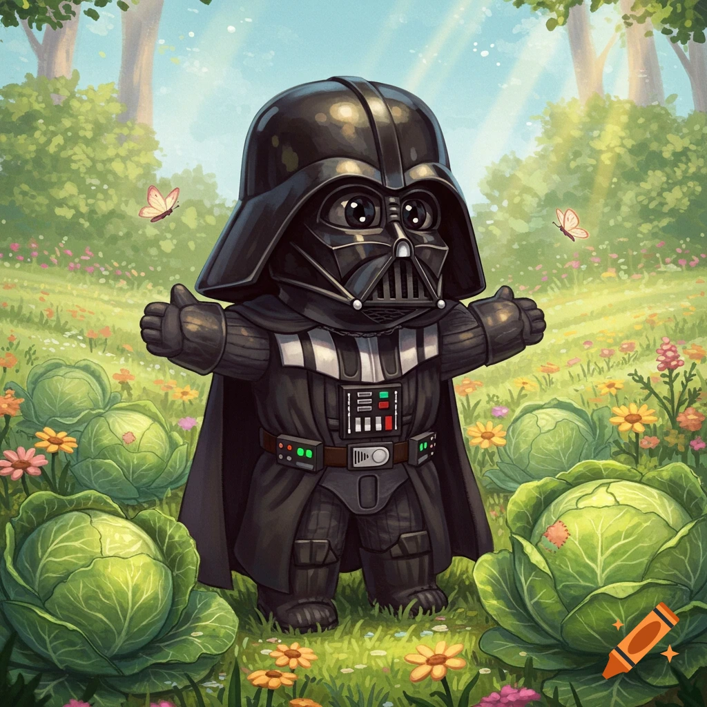 A cute, chibi-style Darth Vader stands in a sunny field surrounded by cabbages and wildflowers, with two butterflies.