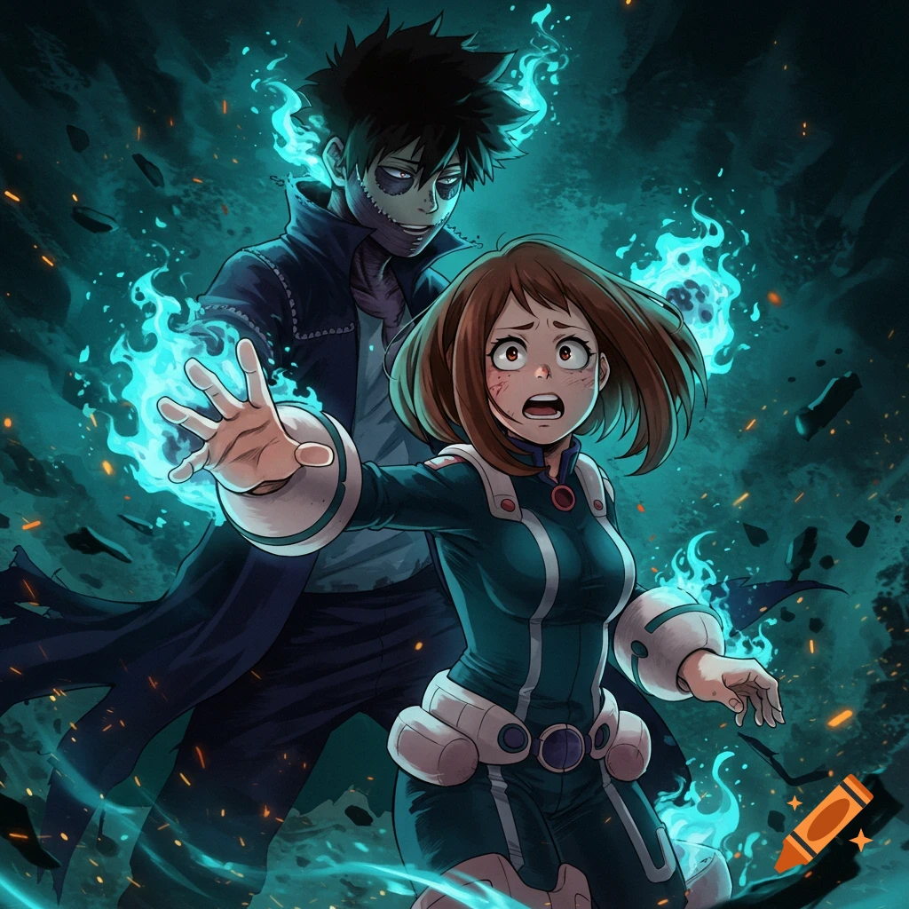 Anime style illustration of Dabi engulfed in blue flames behind a terrified Ochaco reaching out, with debris flying.