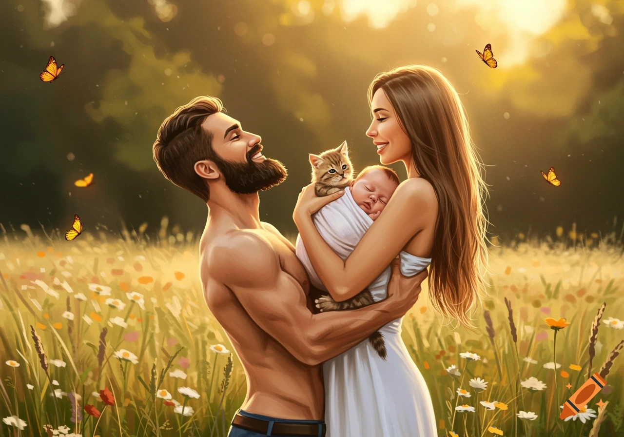 A happy shirtless man holds his wife, who cradles their baby and a kitten, in a sunny wildflower field with butterflies. Stylized illustration.