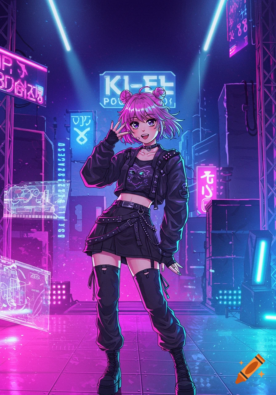 An anime character with pink hair and black punk-style clothing poses in a neon-lit cyberpunk city, with futuristic signs and holographic displays in the background.
