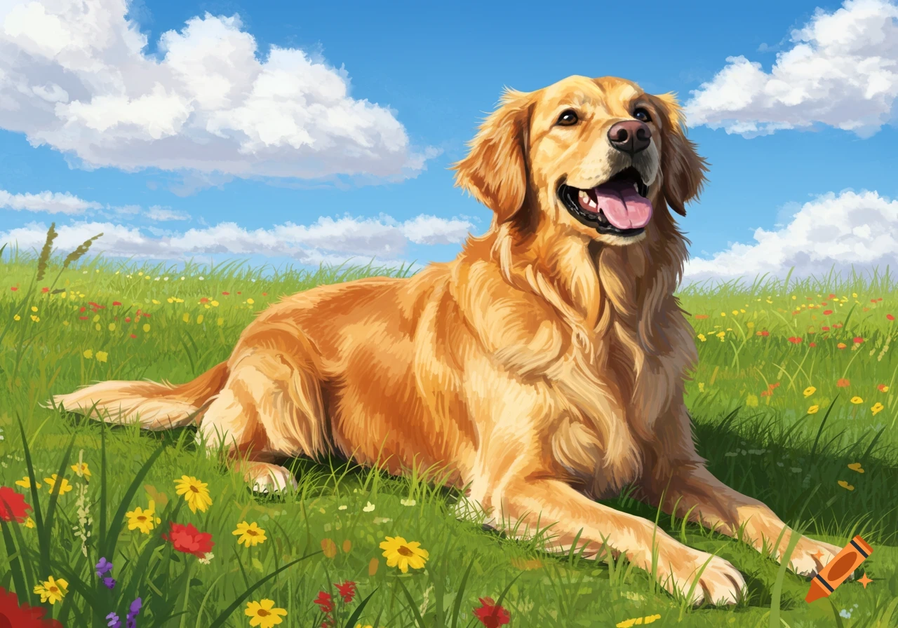 A happy golden retriever lying in a lush green field with colorful wildflowers under a bright blue sky with white clouds.