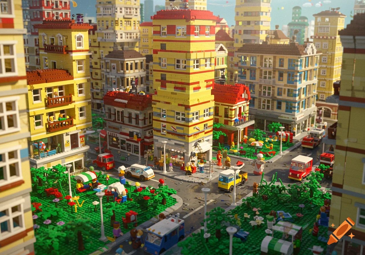 Vibrant and detailed Lego cityscape with buildings, cars, parks, and minifigures bustling on the streets.