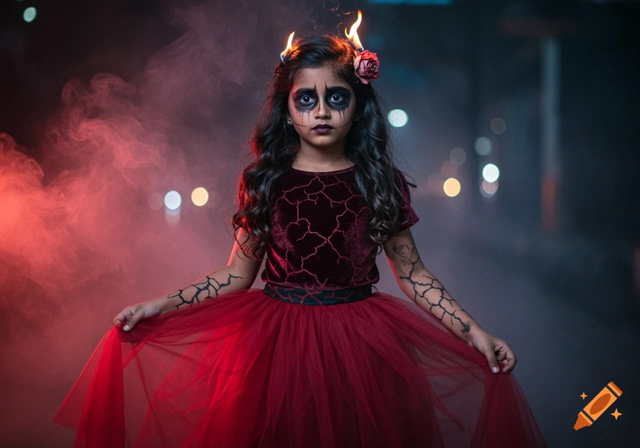 A young girl with dark makeup, cracked skin patterns, and small flames on her head, wearing a red dress, against a smoky background.