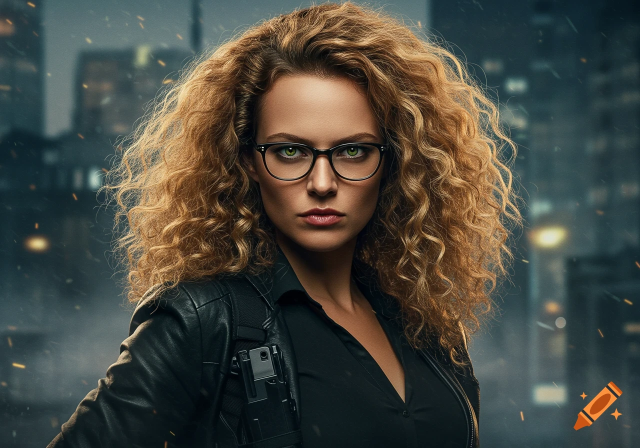 A serious female agent with blonde curly hair, green eyes, and glasses, wearing a black leather jacket against a blurred cityscape.