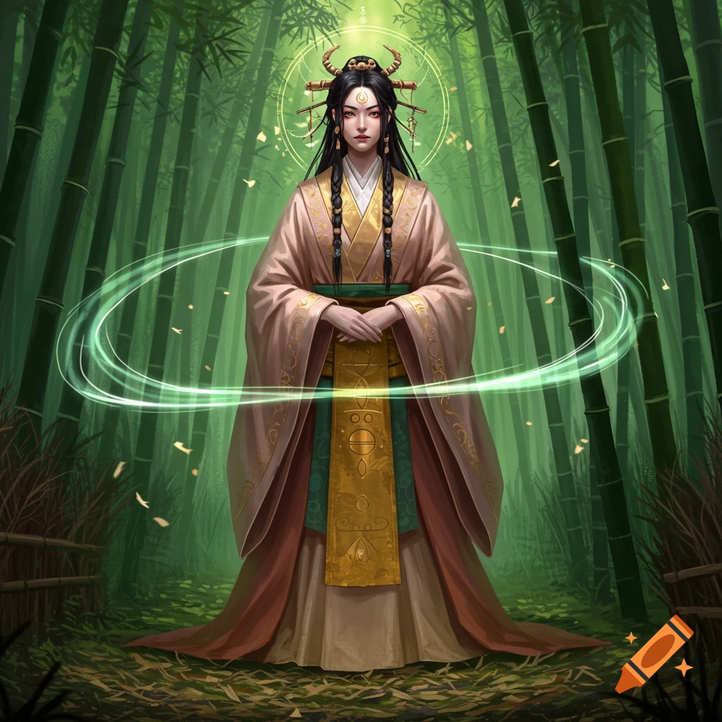 A graceful woman in traditional East Asian attire with long black braids and a subtle halo stands in a bamboo forest, glowing green rings swirling around her waist.