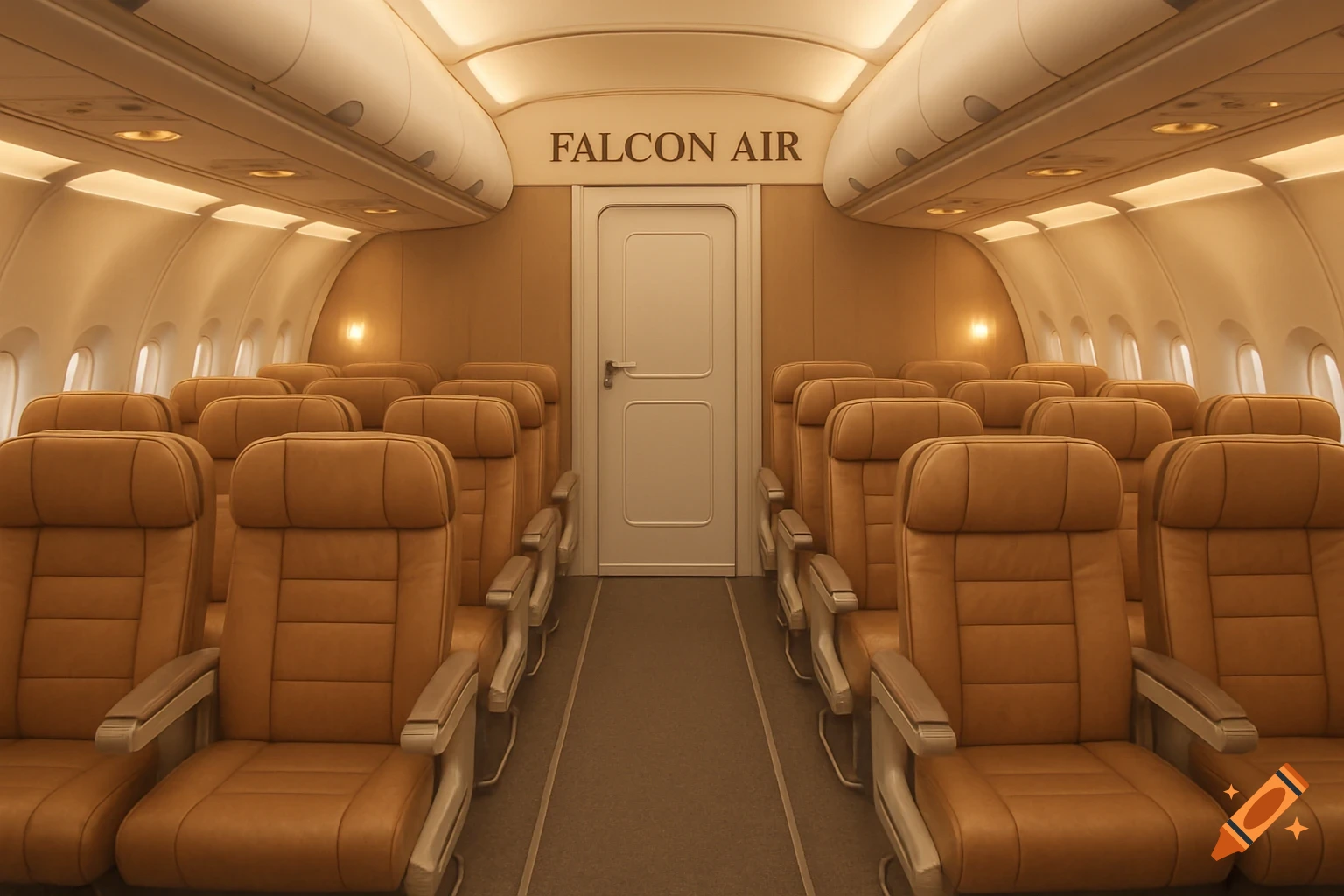 A photorealistic image of an empty airplane economy class cabin with light brown seats and 'FALCON AIR' written above the front door.